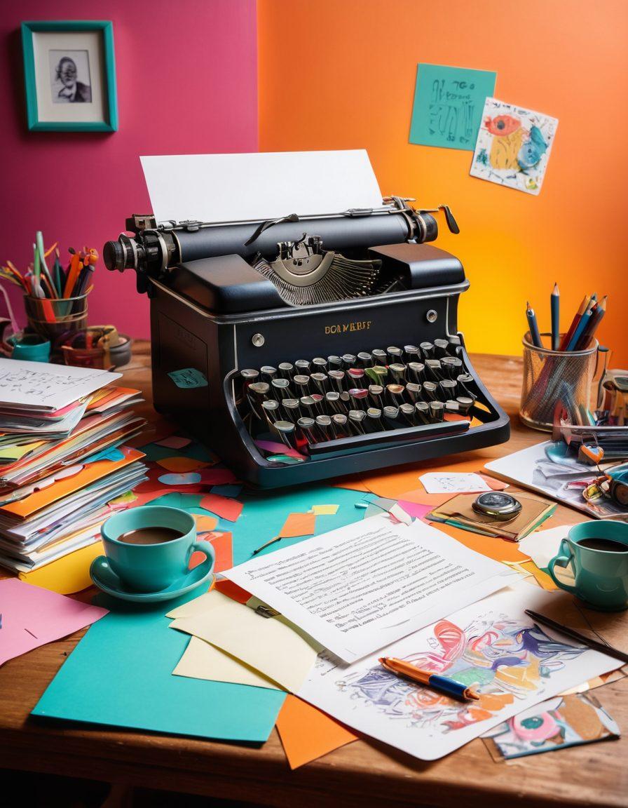 A colorful, whimsical blogging scene featuring a vintage typewriter surrounded by scattered papers with quirky doodles, vibrant paint splashes, and a glowing laptop. In the background, a whimsical creature, like a friendly monster, is brainstorming ideas with floating light bulbs around it. This lively atmosphere evokes creativity and imagination. bright colors. illustration. playful style.