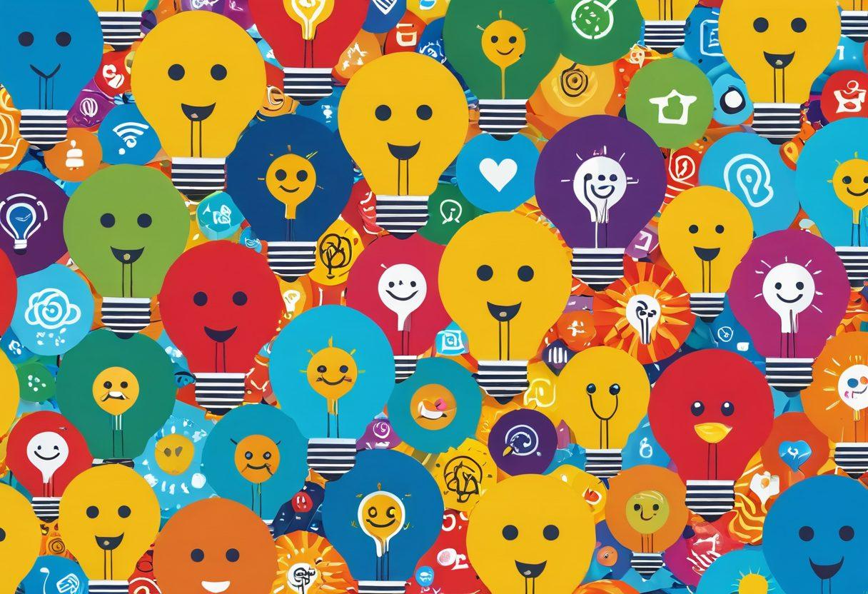 A vibrant collage of various blog post thumbnails bursting with color, featuring elements like viral emojis, share buttons, and graphs showing upward trends. In the background, a digital landscape filled with swirling ideas and creativity, representing the connection between content and audience. A light bulb symbolizes inspiration in the center. super-realistic. bright colors. dynamic composition.