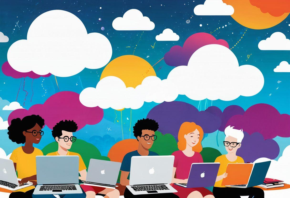 A whimsical digital landscape featuring a diverse group of animated characters happily engaging with various blogging tools like laptops, tablets, and graphics. Include playful elements like speech bubbles filled with vivid stories, and colorful icons representing creativity and expression. The background should showcase a vibrant sky with stylized clouds shaped like books and stories, emanating a sense of joy and creativity. Vector art. vibrant colors. white background.